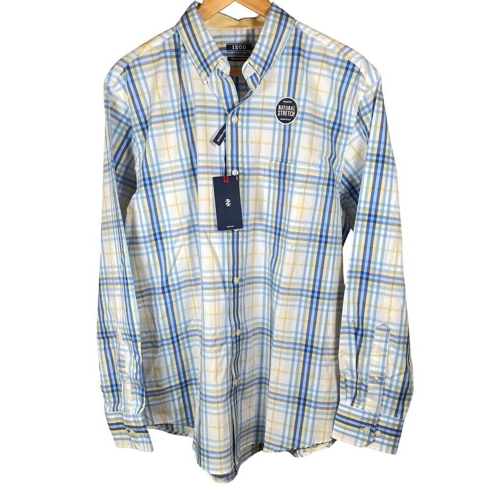NWT IZOD Men's Medium Long Sleeve Button Up Shirt Blue Yellow Plaid Stretch Golf